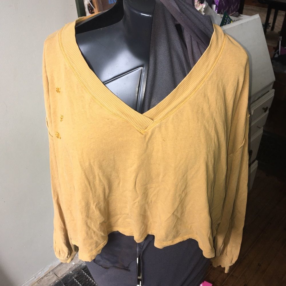 We the Free mustard colored crop oversized top with embroidered flowers